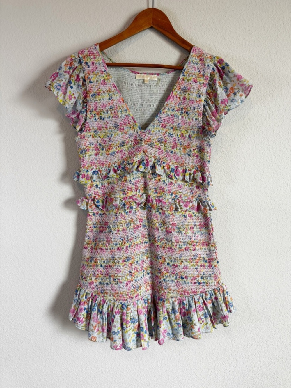 LoveShackFancy Sonora Floral Smocked Ruffle Mini Dress in Coral Reef Waves Sz L